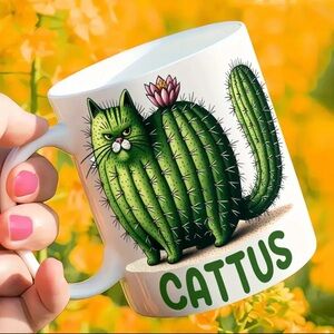 Cactus Cat Coffee Mug Green and White
